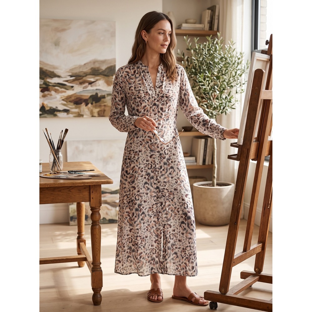 Boho Cloth & Stone Anthropologie Leopard Print Maxi Dress S Long Sleeve Button